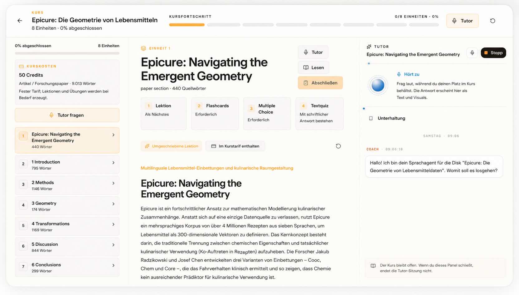 SkillDiscs Kurs-Engine mit Lektionsliste, Fortschritt, Lernaufgaben und KI-Tutor-Panel